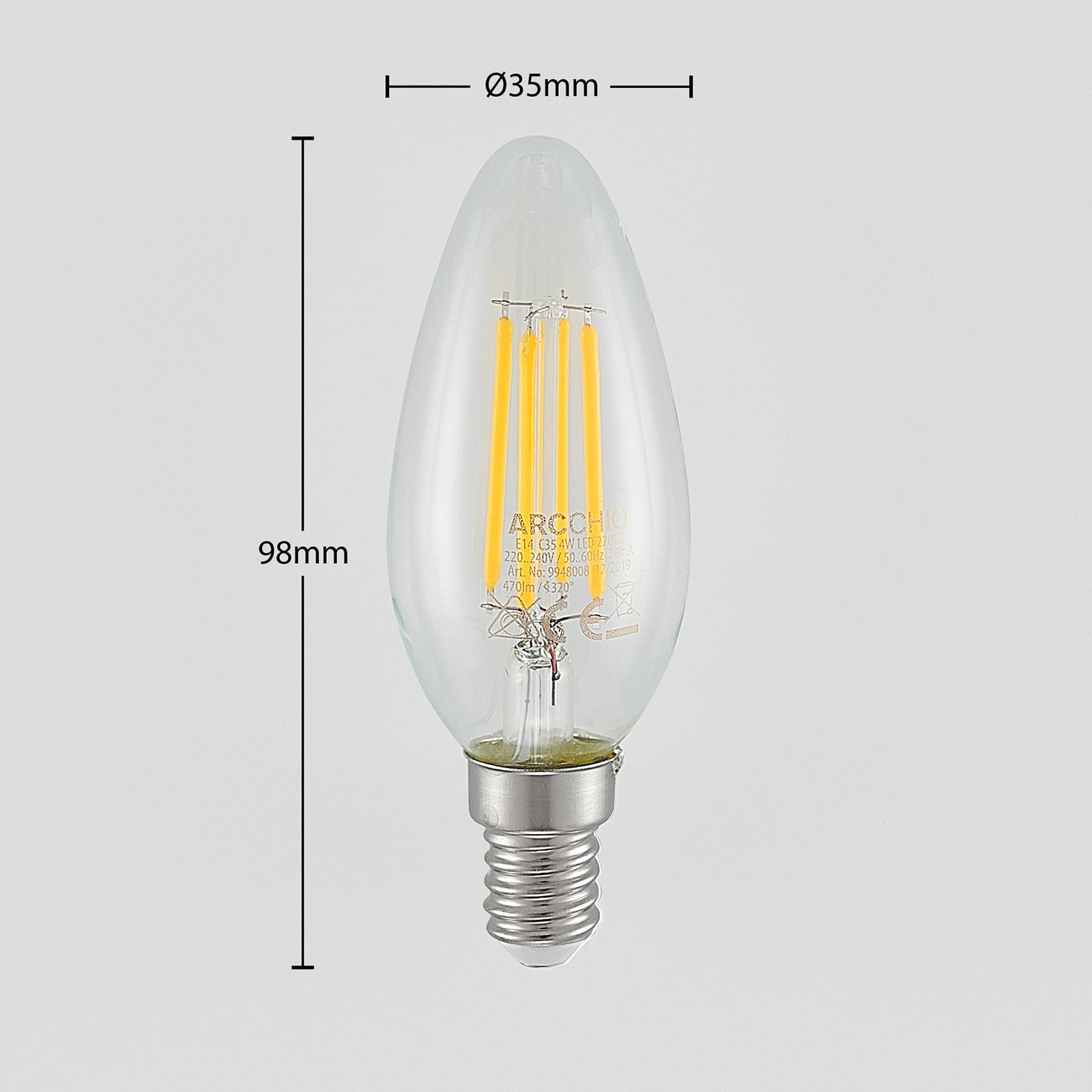 LED filamentpære E14 4W kronelysform 2700K dimbar klar - Arcchio