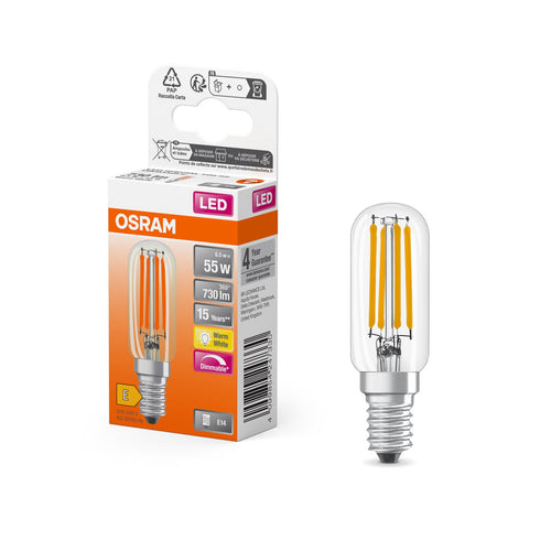 LED filamentpære E14 6,5W 2700K T-form klar dimbar OSRAM bakside