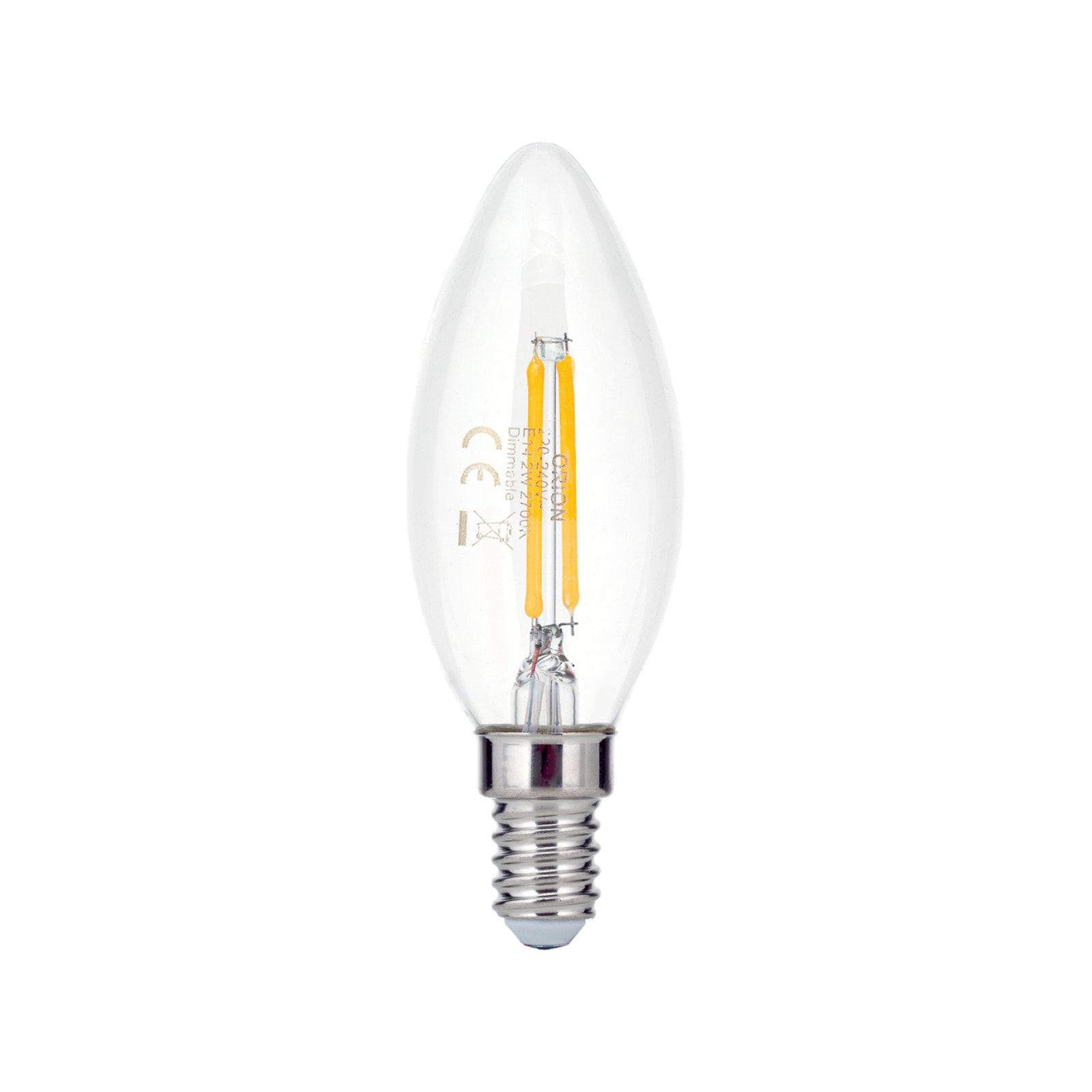 LED filamentpære E14 C35 kronelys klar 2W 2700K dimbar - ORION forfra