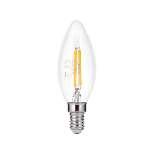 LED filamentpære E14 C35 kronelys klar 2W 2700K dimbar - ORION forfra