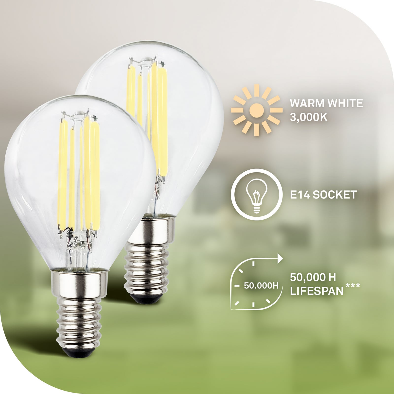 Nærbilde av LED filamentpære E14 dråpeform 4W 3000K klar 840lm 2-pk