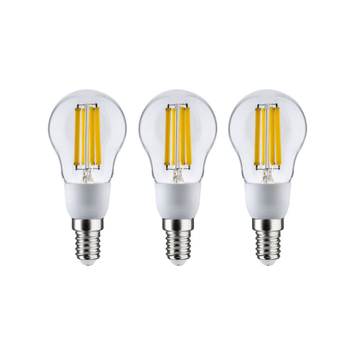 LED filamentpære E14 dråpeform 2,5W 3000K 3-pack klar - Paulmann forfra