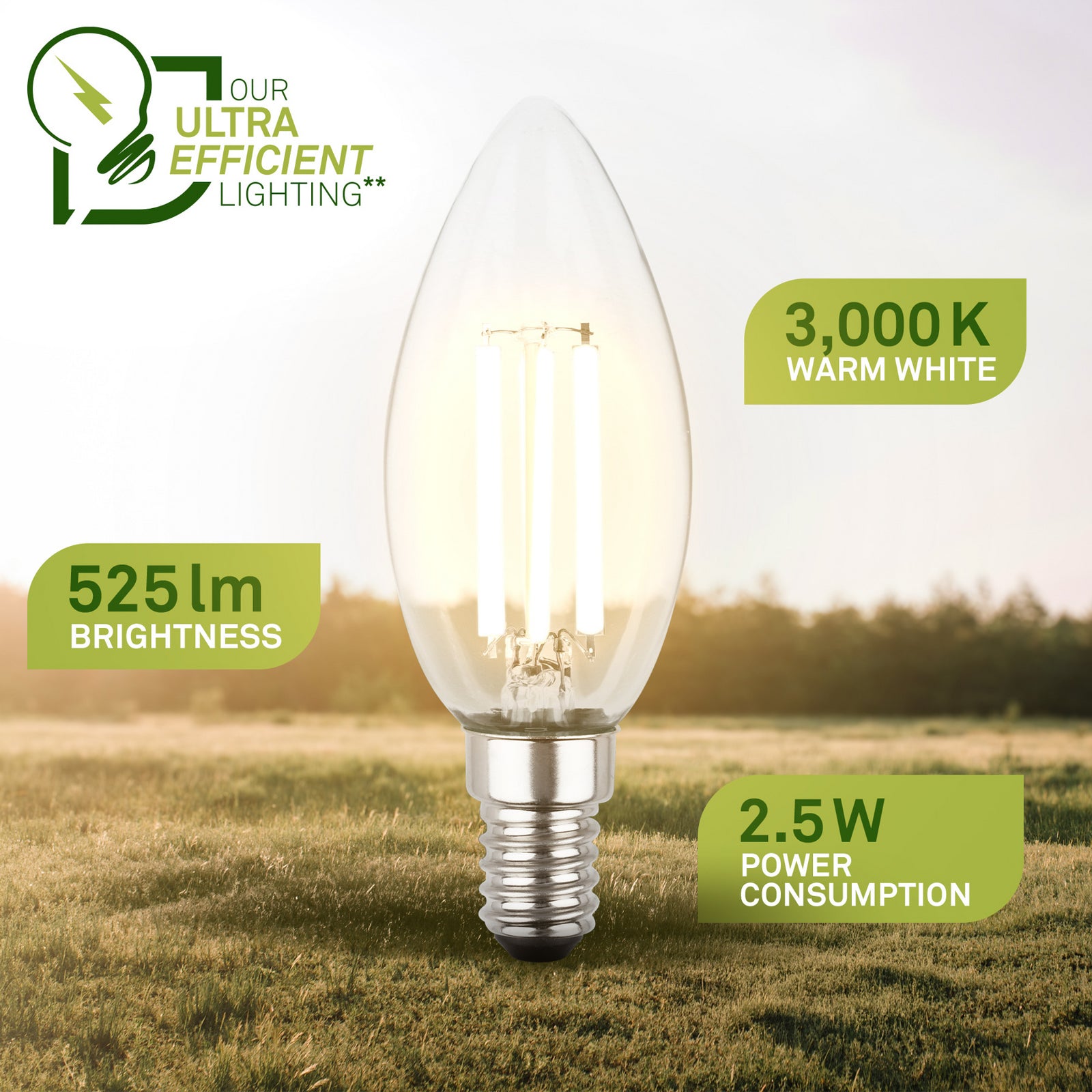 Nærbilde av LED filamentpære E14 kronelysform 2,5W 3000K klar 2-pk - Briloner