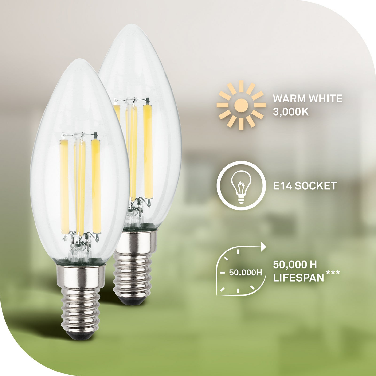 LED filamentpære E14 kronelysform 2,5W 3000K klar 2-pk - Briloner pakket