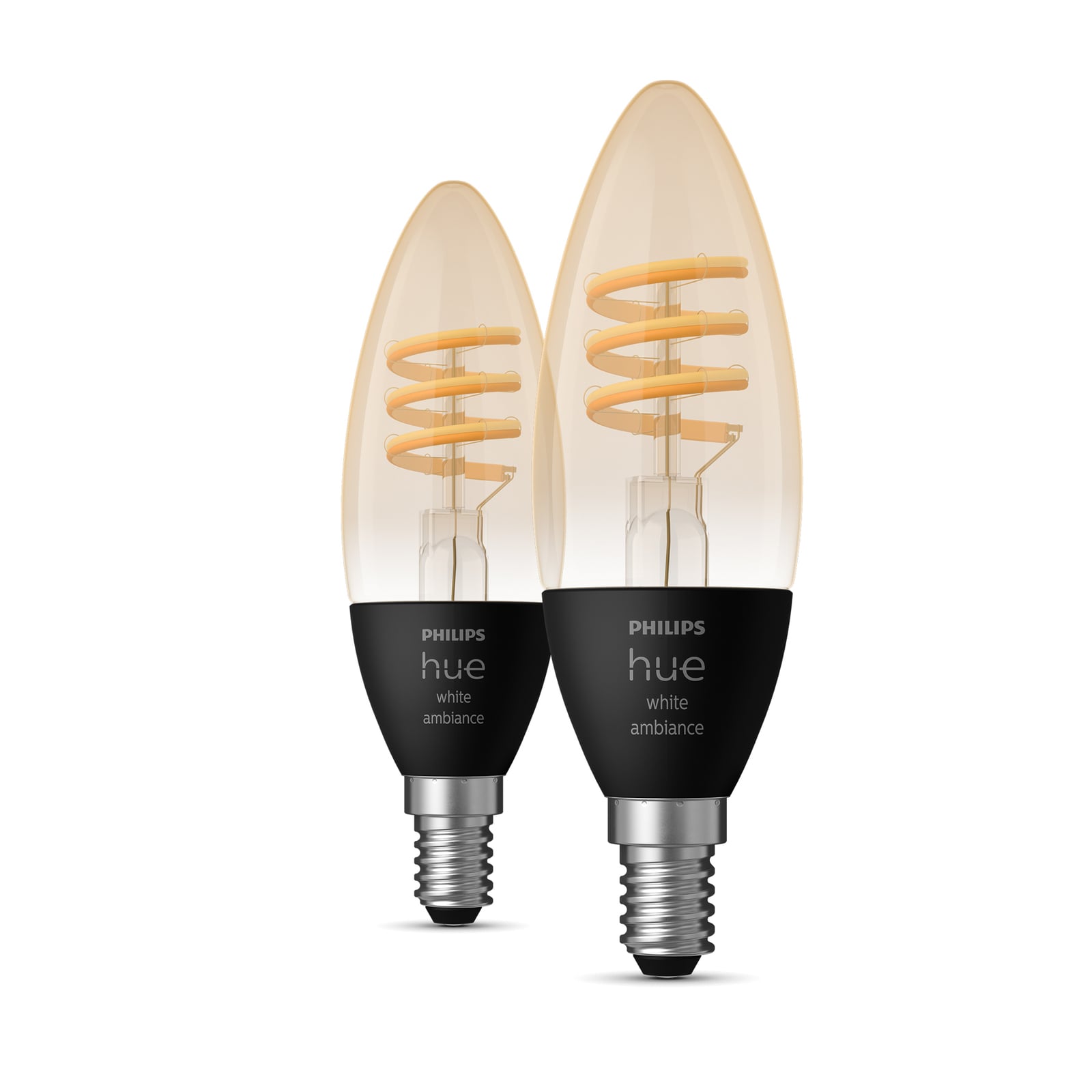 LED-filamentpære E14 kronelysform 4,6W 350lm CCT 2-pk Philips Hue forfra