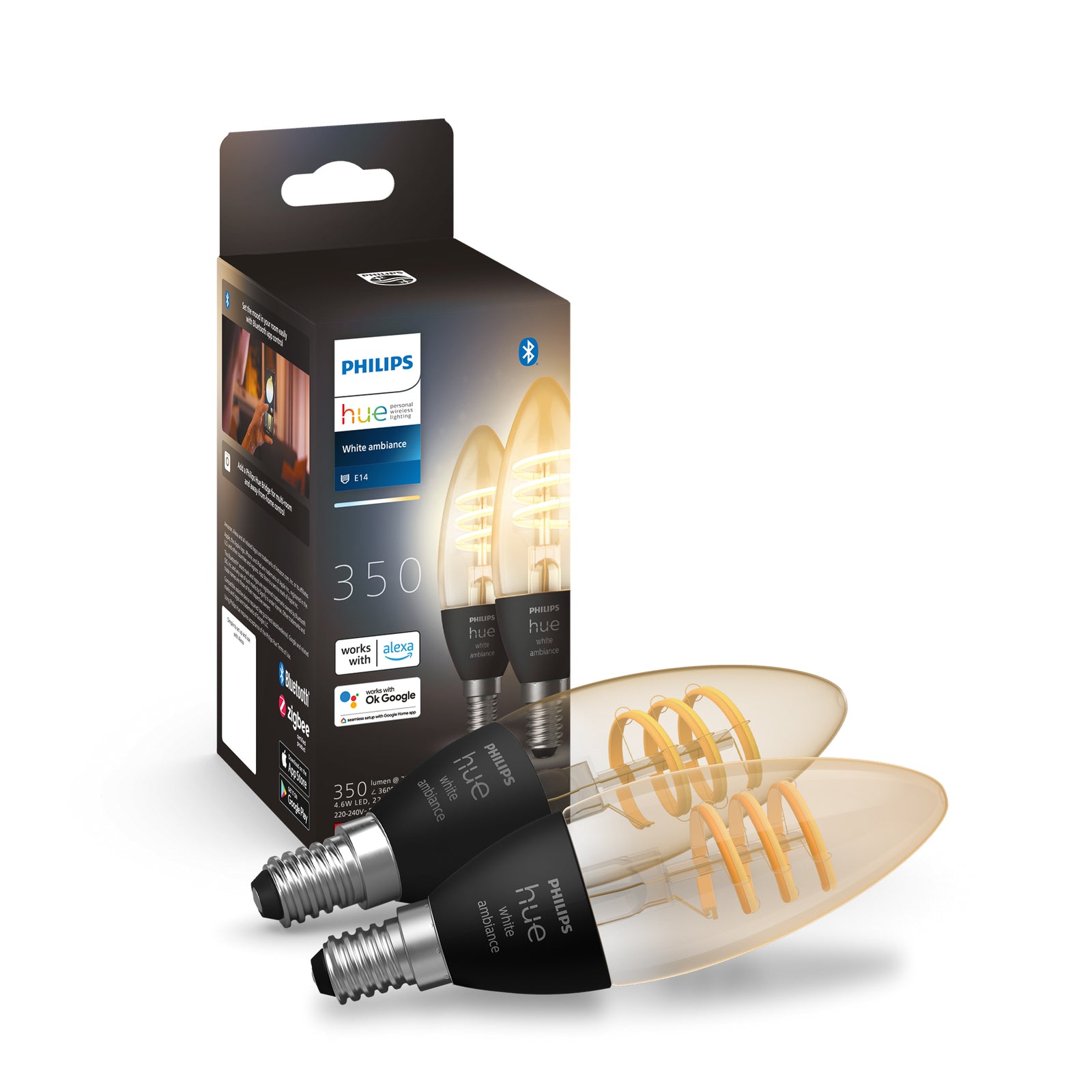 LED-filamentpære E14 kronelysform 4,6W 350lm CCT 2-pk Philips Hue bakside
