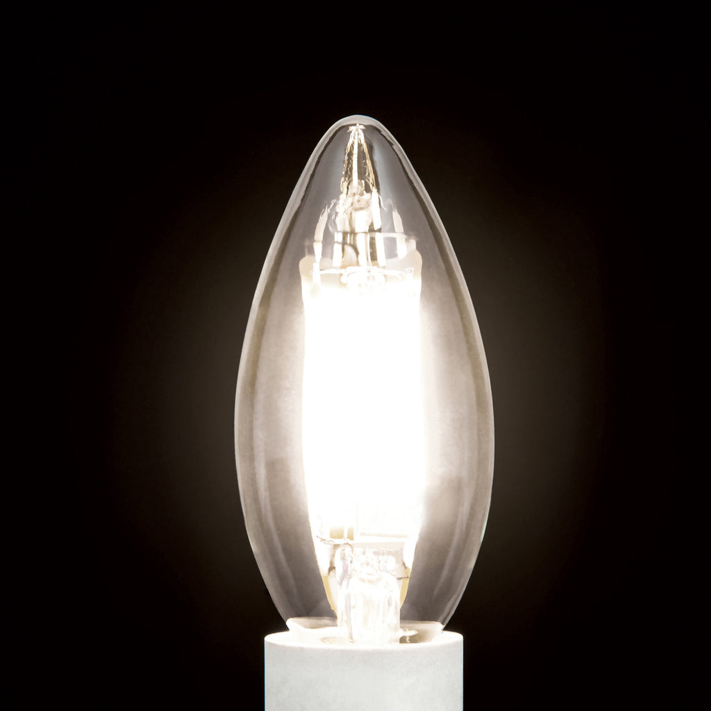 Montert LED filamentpære E14 kronelysform 4,5W 2700K dimbar klar - ORION i lampe