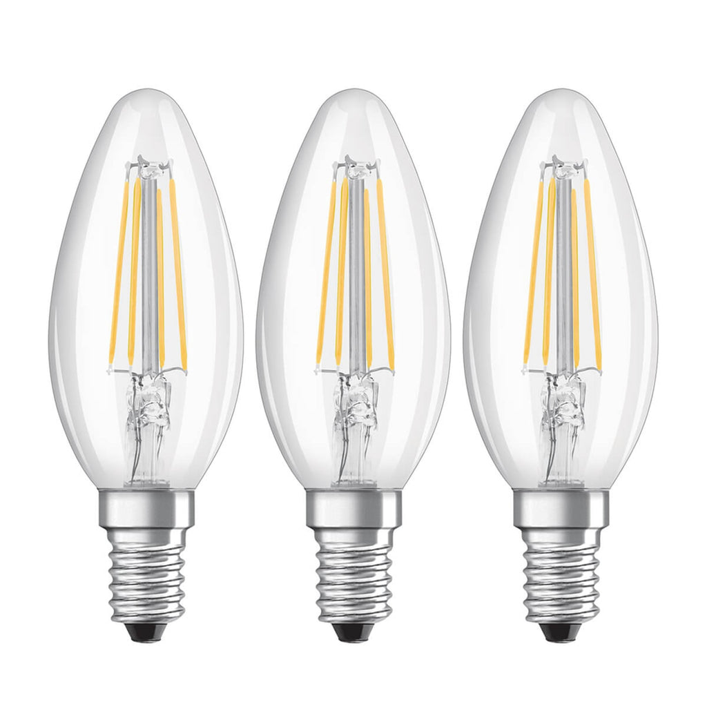 LED filamentpære E14 kronelysform 4W 2700K 3-pack klar OSRAM forfra