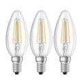 LED filamentpære E14 kronelysform 4W 2700K 3-pack klar OSRAM forfra