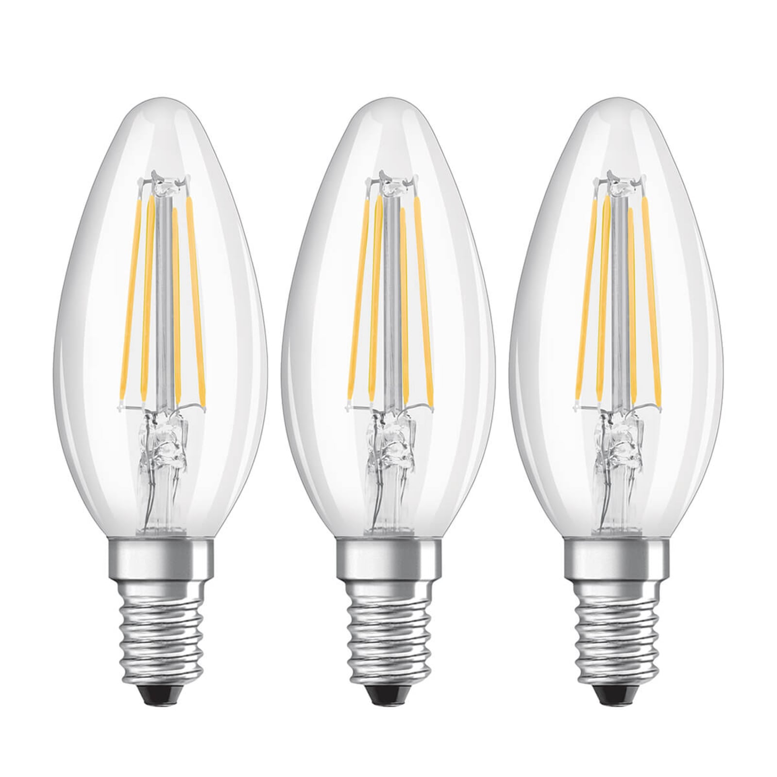 LED filamentpære E14 kronelysform 4W 2700K 3-pack klar OSRAM forfra