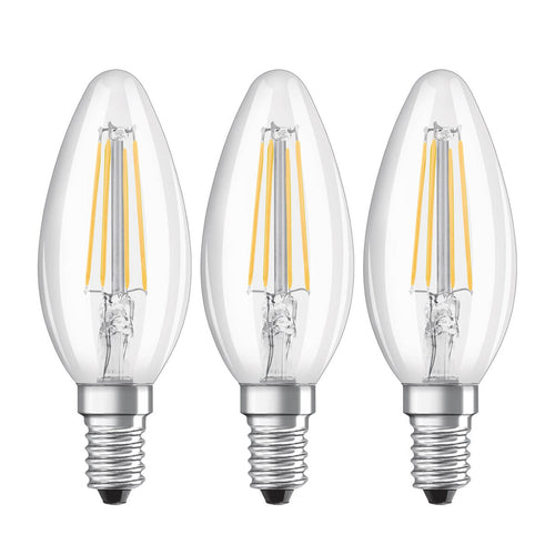 LED filamentpære E14 kronelysform 4W 2700K 3-pack klar OSRAM forfra