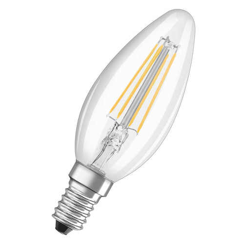 LED filamentpære E14 kronelysform 4W 2700K 3-pack klar OSRAM bakside