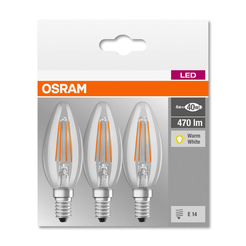 LED filamentpære E14 kronelysform 4W 2700K 3-pack klar OSRAM nærbilde av filament