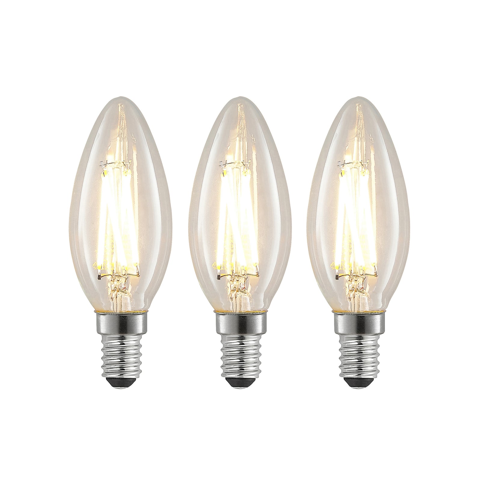 LED filamentpære E14 kronelysform 4W 2700K dimbar 3-pack forfra