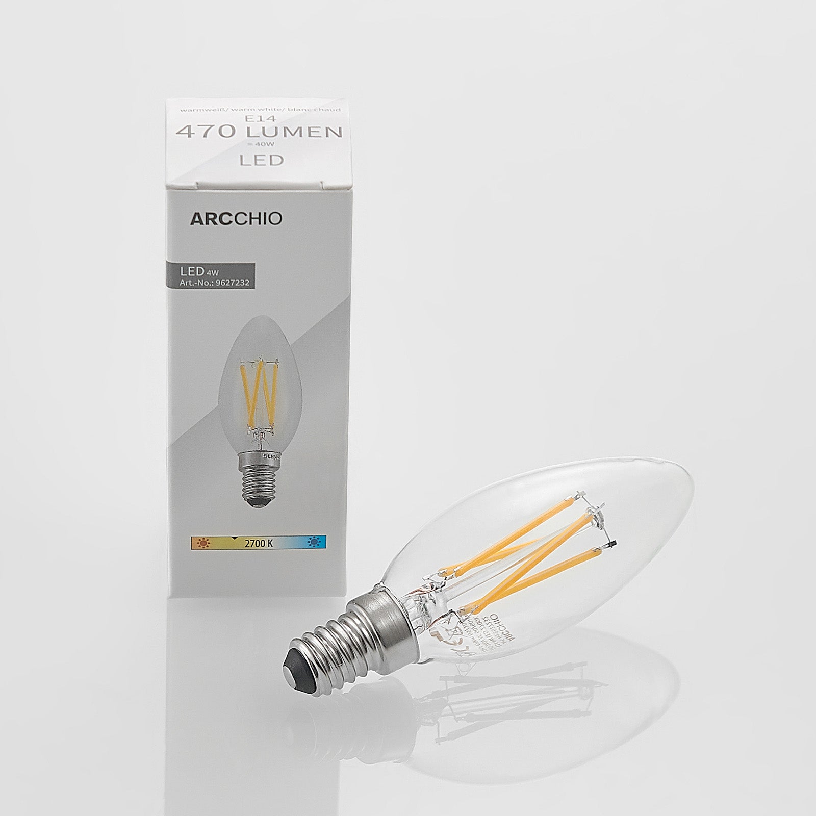 Montert LED filamentpære E14 kronelysform 4W 2700K dimbar klar Arcchio