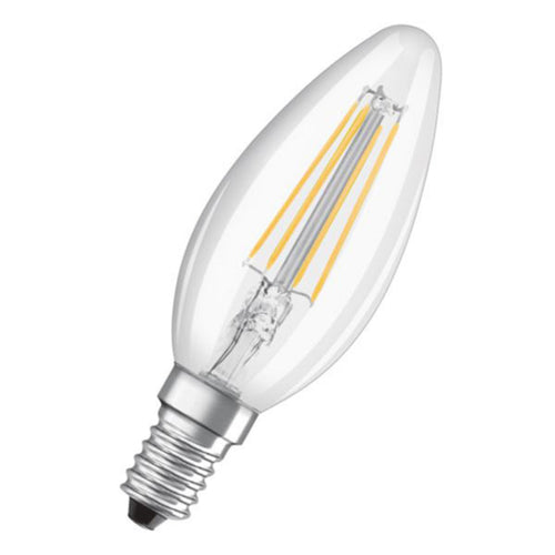 LED filamentpære E14 kronelysform 4W 4000K klar 2-pakning OSRAM forfra