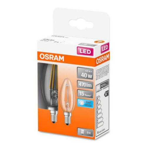 LED filamentpære E14 kronelysform 4W 4000K klar 2-pakning OSRAM detalj