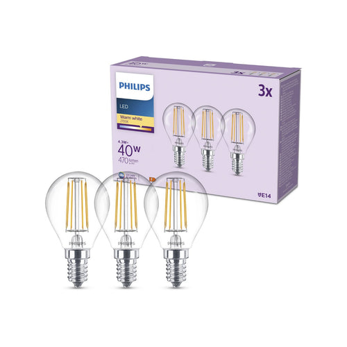 LED filamentpære E14 P45 4,3W 2700K klar 3-pakning - Philips forfra