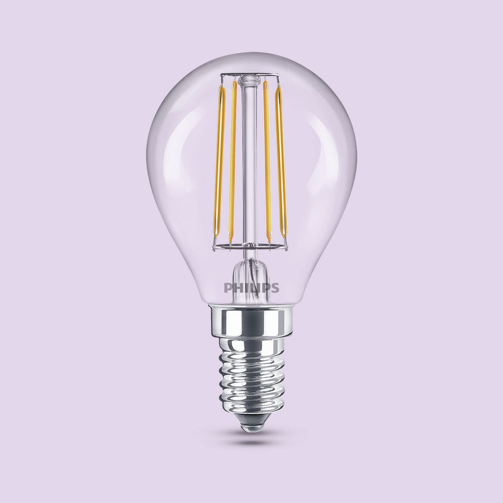 Bakside av LED filamentpære E14 P45 4,3W 2700K klar 3-pakning - Philips