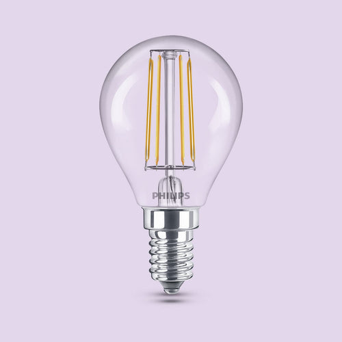 Bakside av LED filamentpære E14 P45 4,3W 2700K klar 3-pakning - Philips