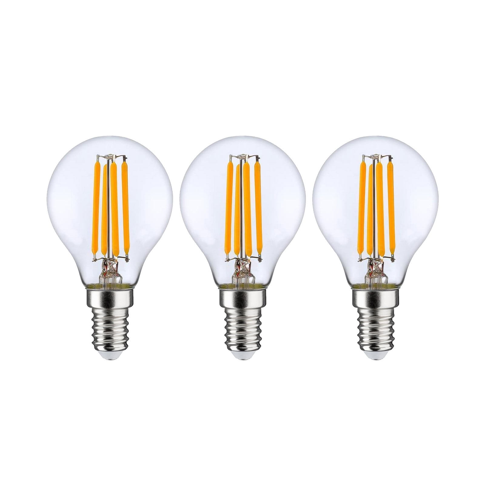 LED filamentpære E14 P45 4W 2700K dimbar klar 3-pk forfra