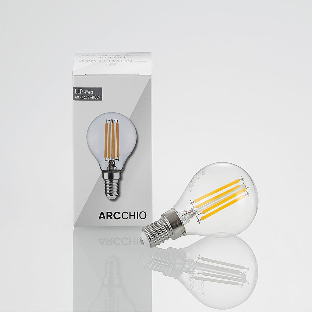 LED filamentpære E14 P45 4W 2700K dimbar klar 3-pk lys i bruk