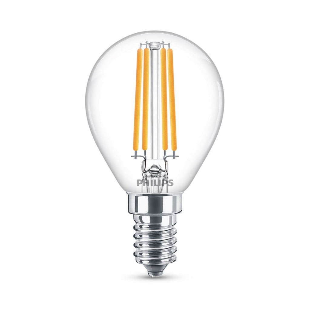 LED filamentpære E14 P45 6,5W 2700K klar dråpeform Philips forfra