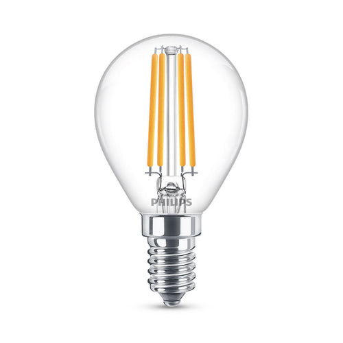 LED filamentpære E14 P45 6,5W 2700K klar dråpeform Philips forfra