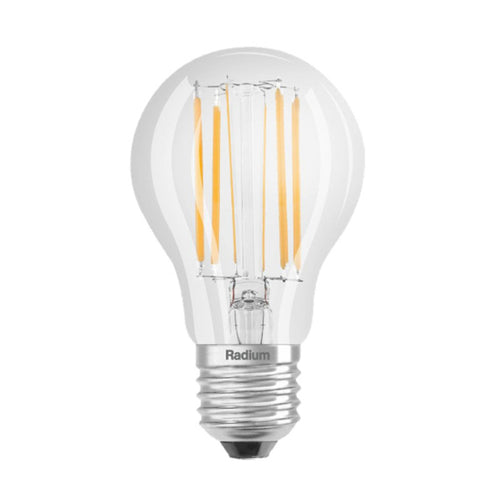 LED filamentpære E27 10,5W 2700K varmhvit 1521 lm klar Radium forfra