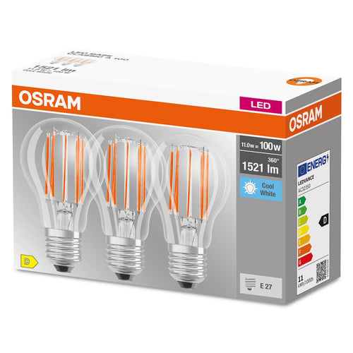 LED filamentpære E27 11W 4000K 1521lm klar 3-pakning detalj av filament