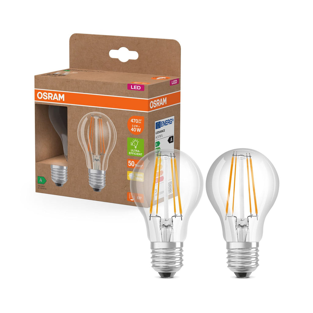 LED filamentpære E27 2,2W 2700K klar 470 lm 2-pakning OSRAM nærbilde
