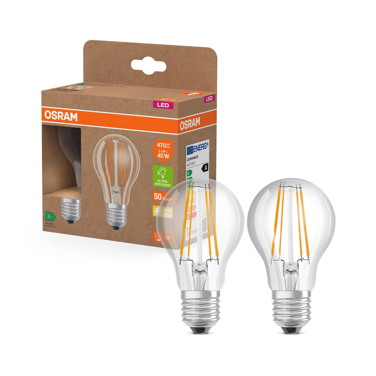 LED filamentpære E27 2,2W 2700K klar 470 lm 2-pakning OSRAM nærbilde