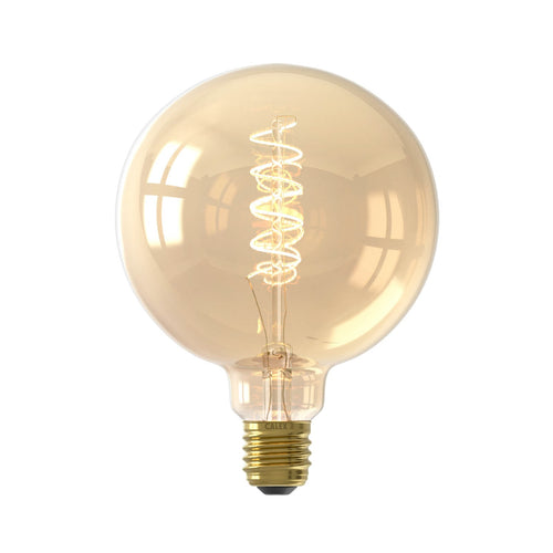 LED filamentpære E27 3,8W G125 gull 2100K dimbar forfra
