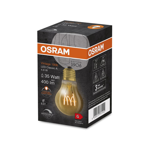 LED filamentpære E27 4,8W 2200K dimbar gull pæreform OSRAM bakside