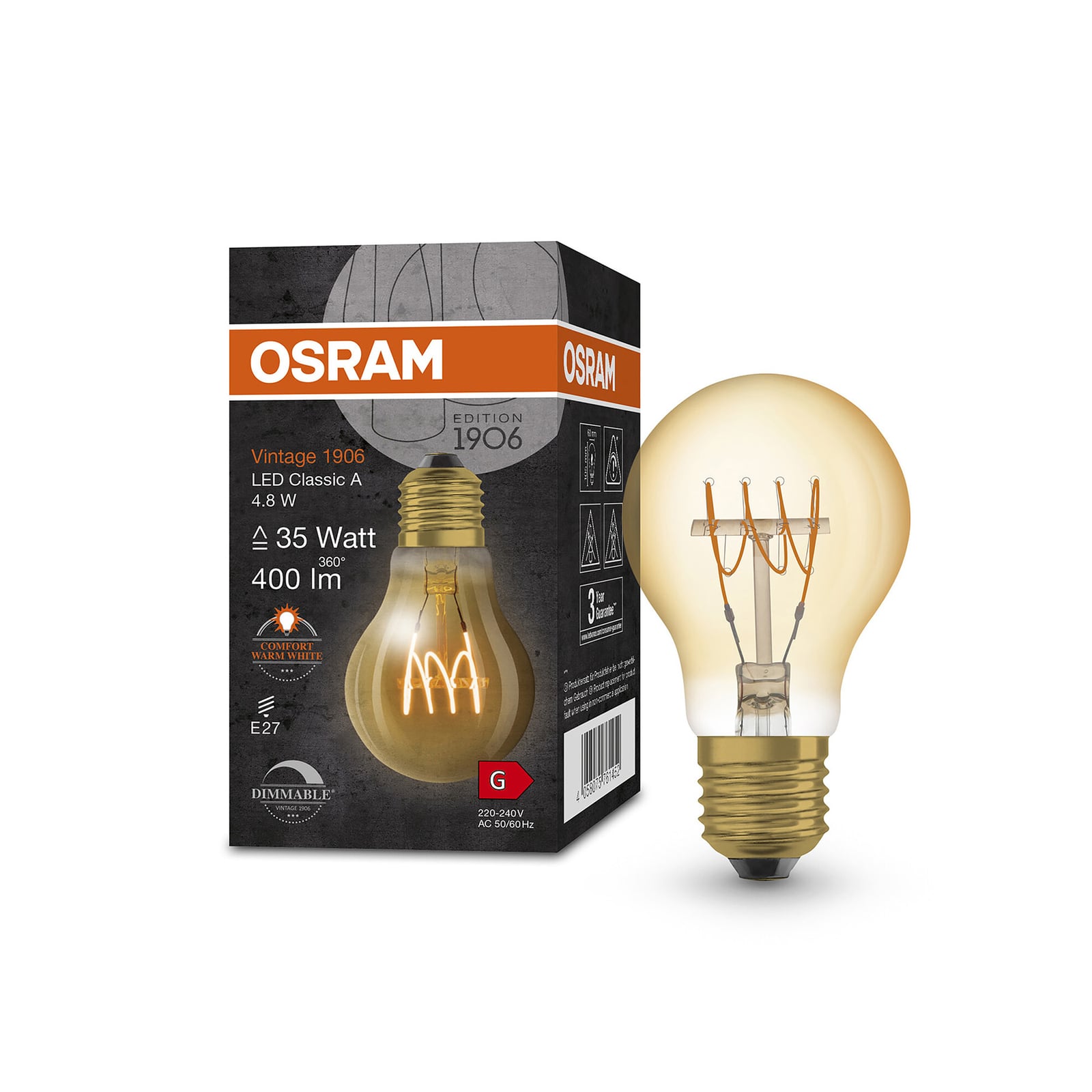 LED filamentpære E27 4,8W 2200K dimbar gull pæreform OSRAM nærbilde av filament