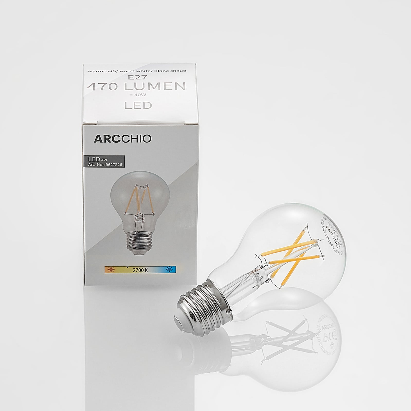 Montert LED filamentpære E27 4W 2700K dimbar klar pæreform Arcchio i lampe