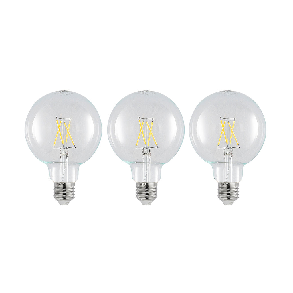 LED filamentpære E27 4W 2700K G95 globe dimbar klar 3-pk forfra