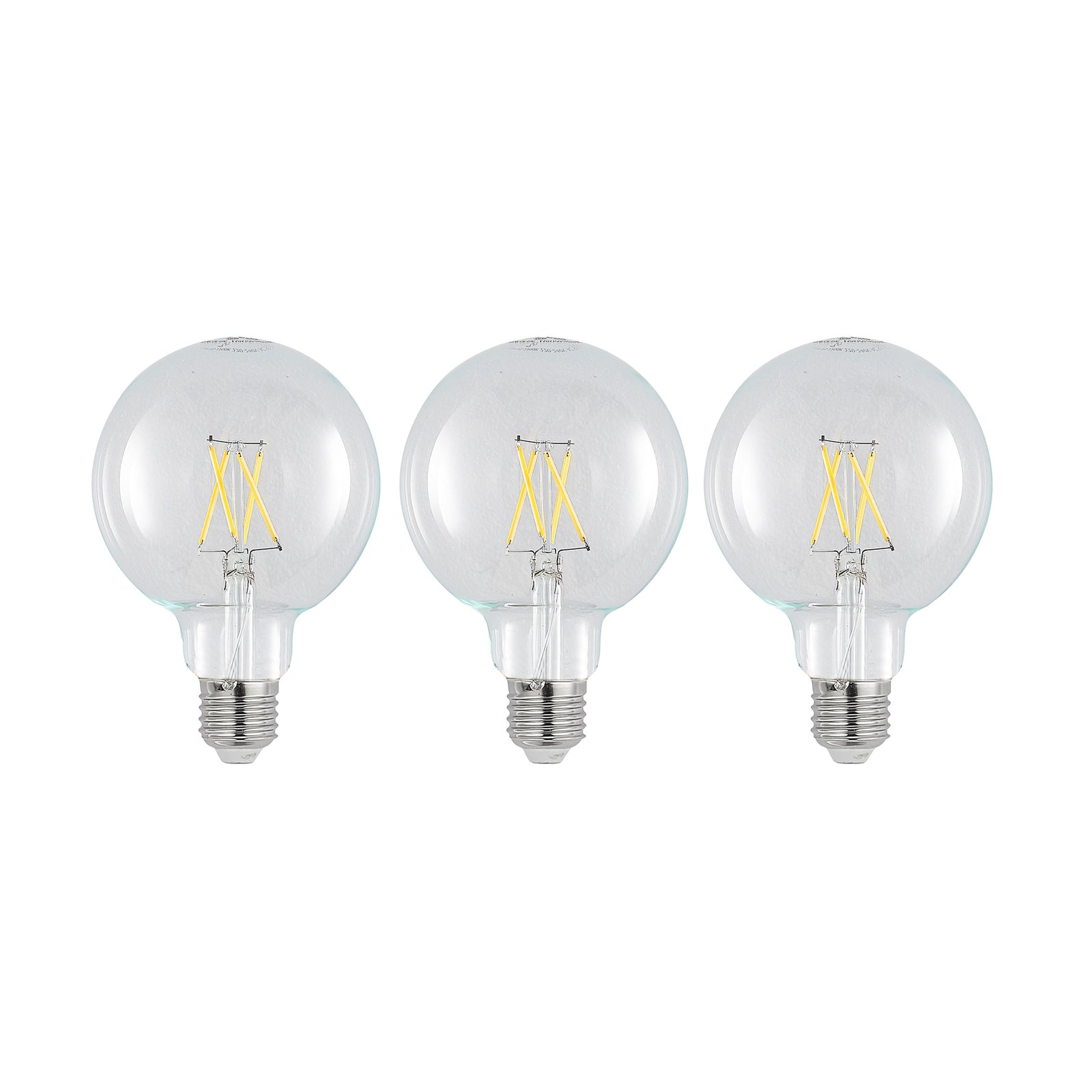 LED filamentpære E27 4W 2700K G95 globe dimbar klar 3-pk forfra