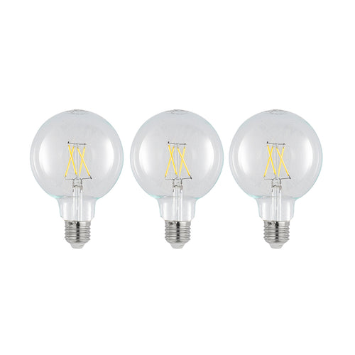 LED filamentpære E27 4W 2700K G95 globe dimbar klar 3-pk forfra