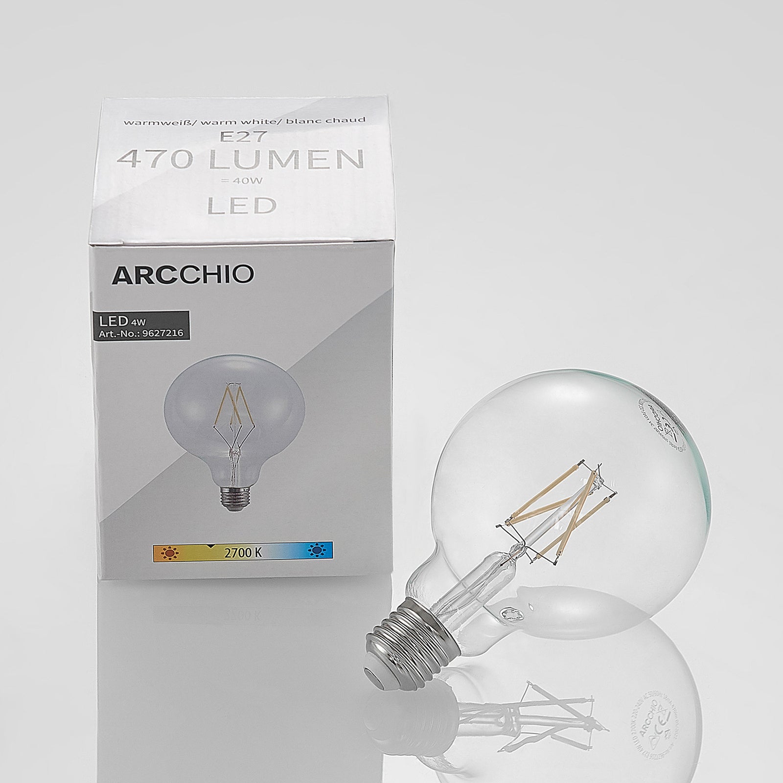LED filamentpære E27 4W 2700K G95 globe dimbar klar 3-pk nærbilde