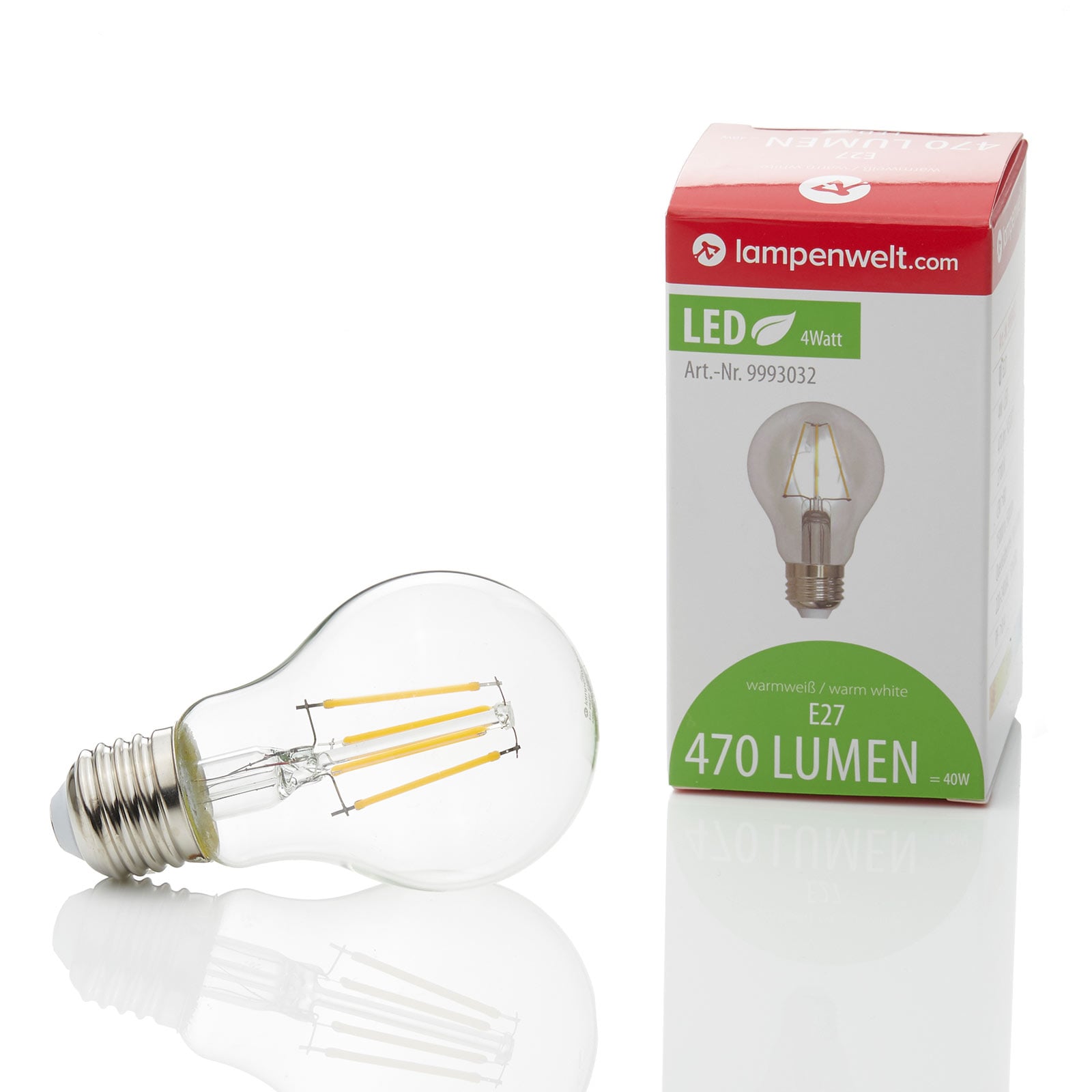 LED filamentpære E27 4W 470 lm klar varmhvit 2700K detalj av filament
