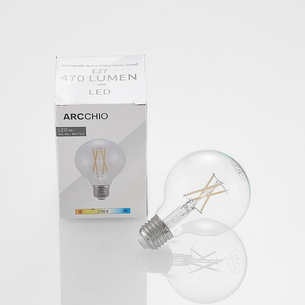 LED filamentpære E27 4W G80 2700K dimbar klar glass - Arcchio montert i lampe