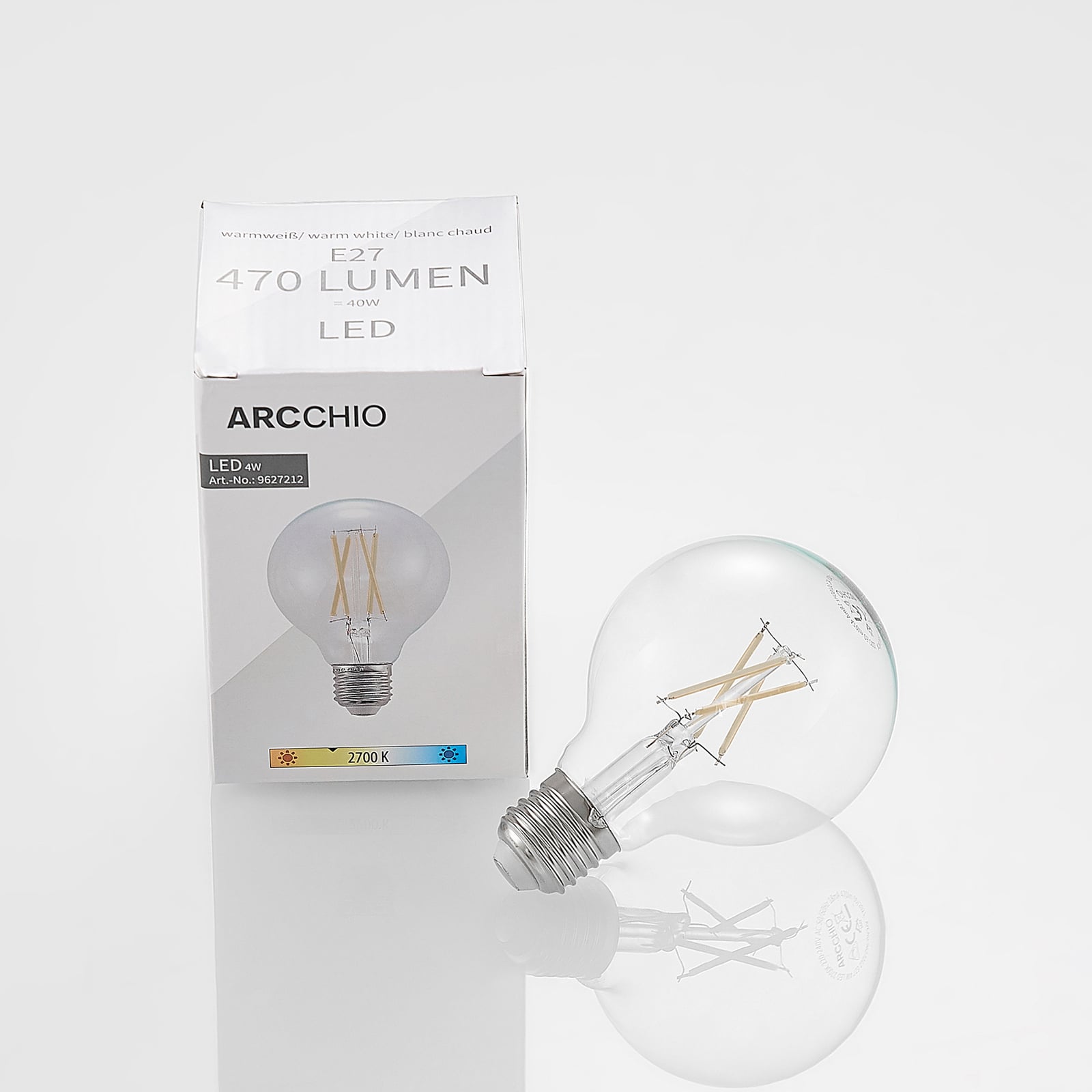 LED filamentpære E27 4W G80 2700K dimbar klar glass - Arcchio montert i lampe