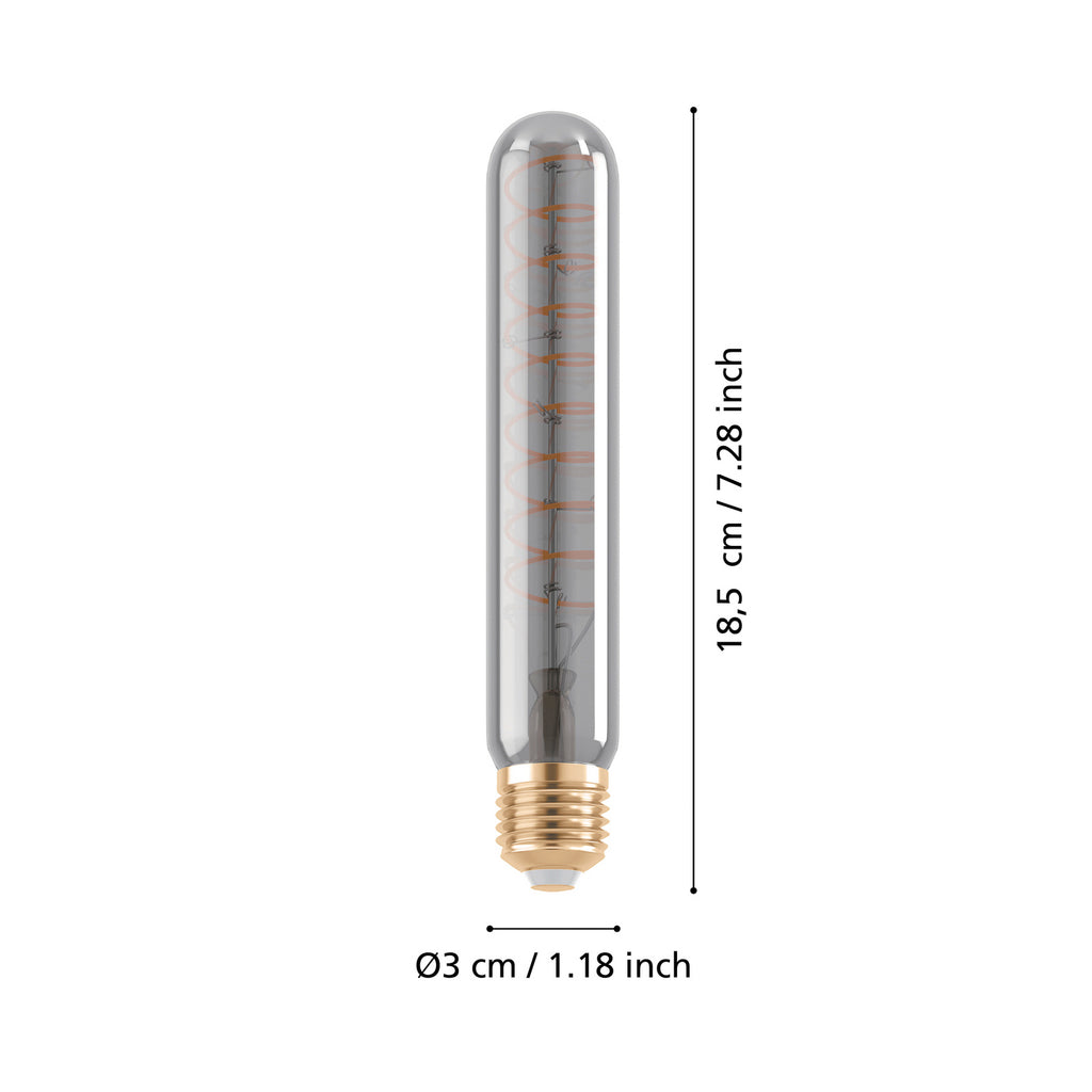 Detalj av LED filamentpære E27 4W T30 rørform 1700K røykfarget