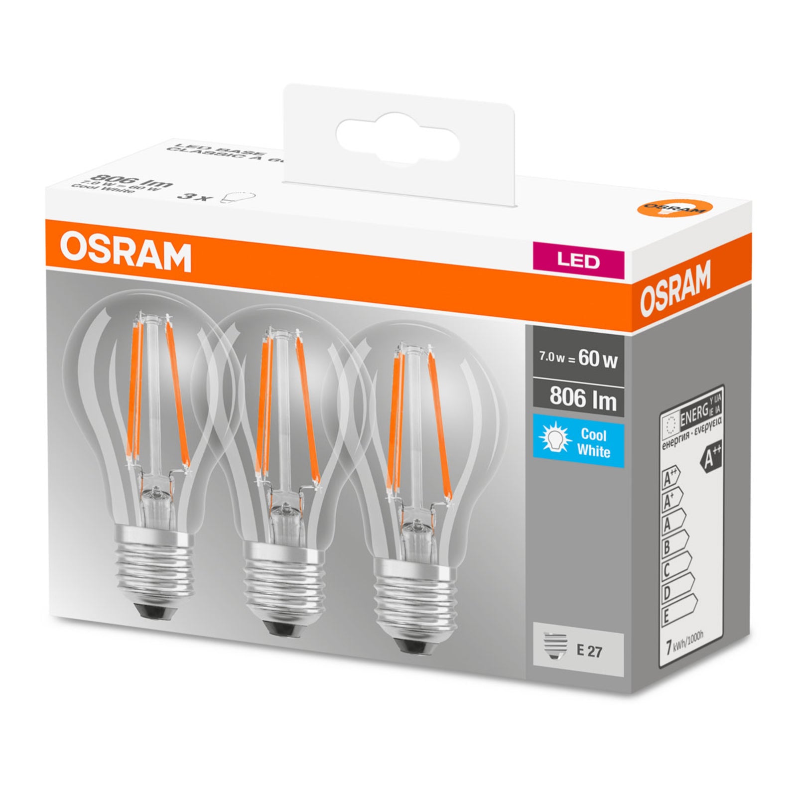 LED filamentpære E27 6,5W 4000K nøytralhvit klar 3-pk nærbilde
