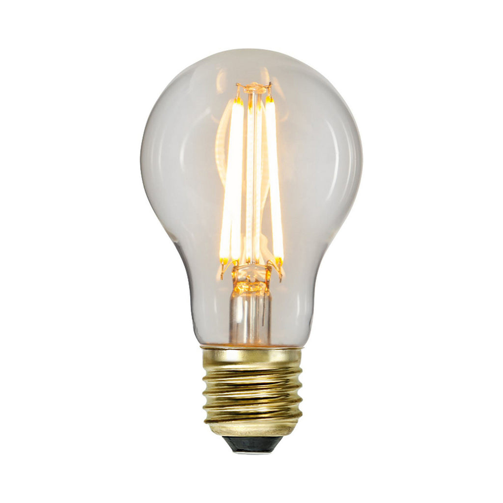 LED filamentpære E27 6,5W 2100K dimbar klar pæreform STAR TRADING forfra