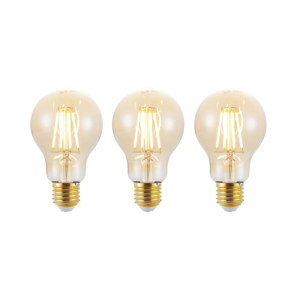 LED filamentpære E27 6,5W 2500K amber dimbar 3-pk foran