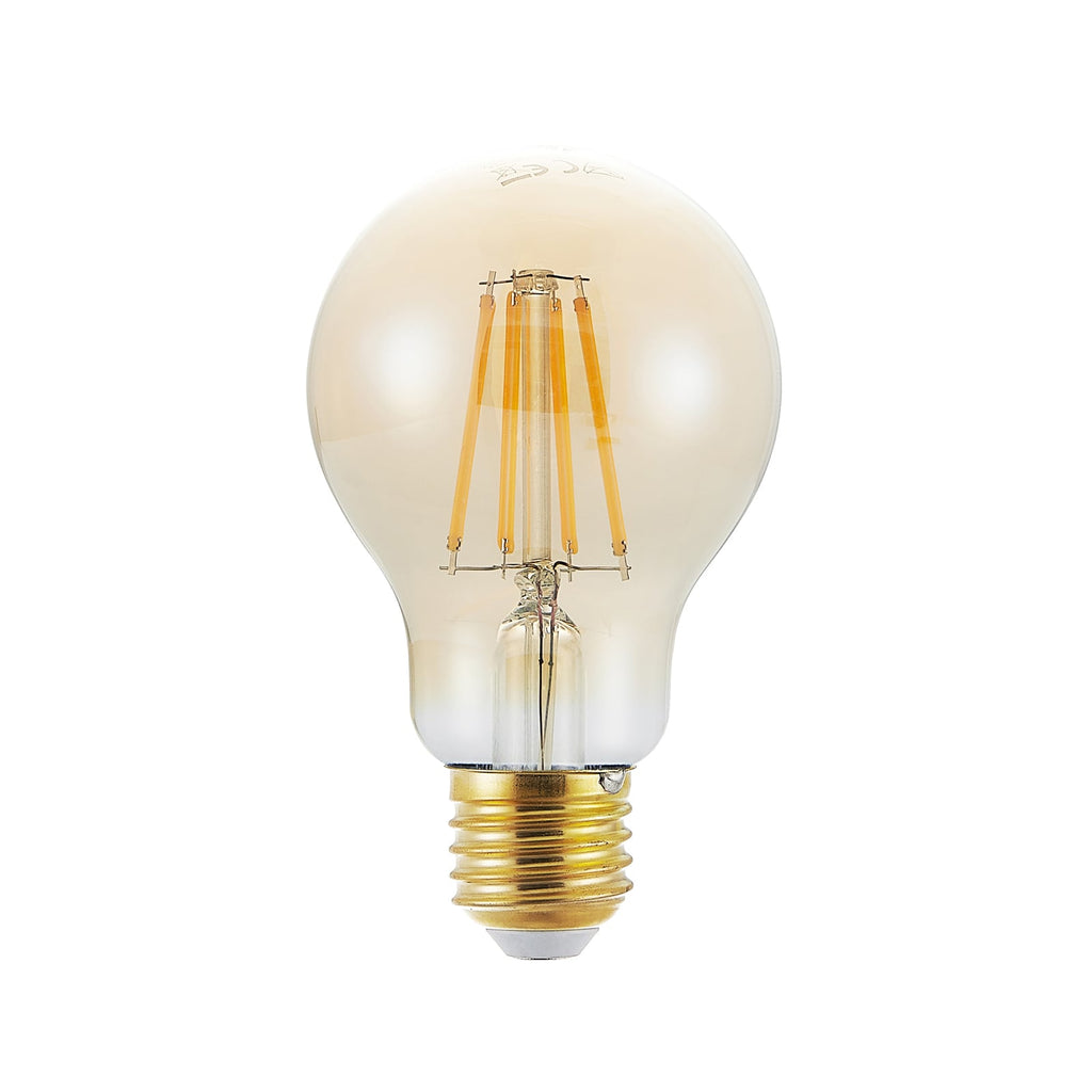 LED filamentpære E27 6,5W 2500K amber dimbar 3-pk montert i lampe