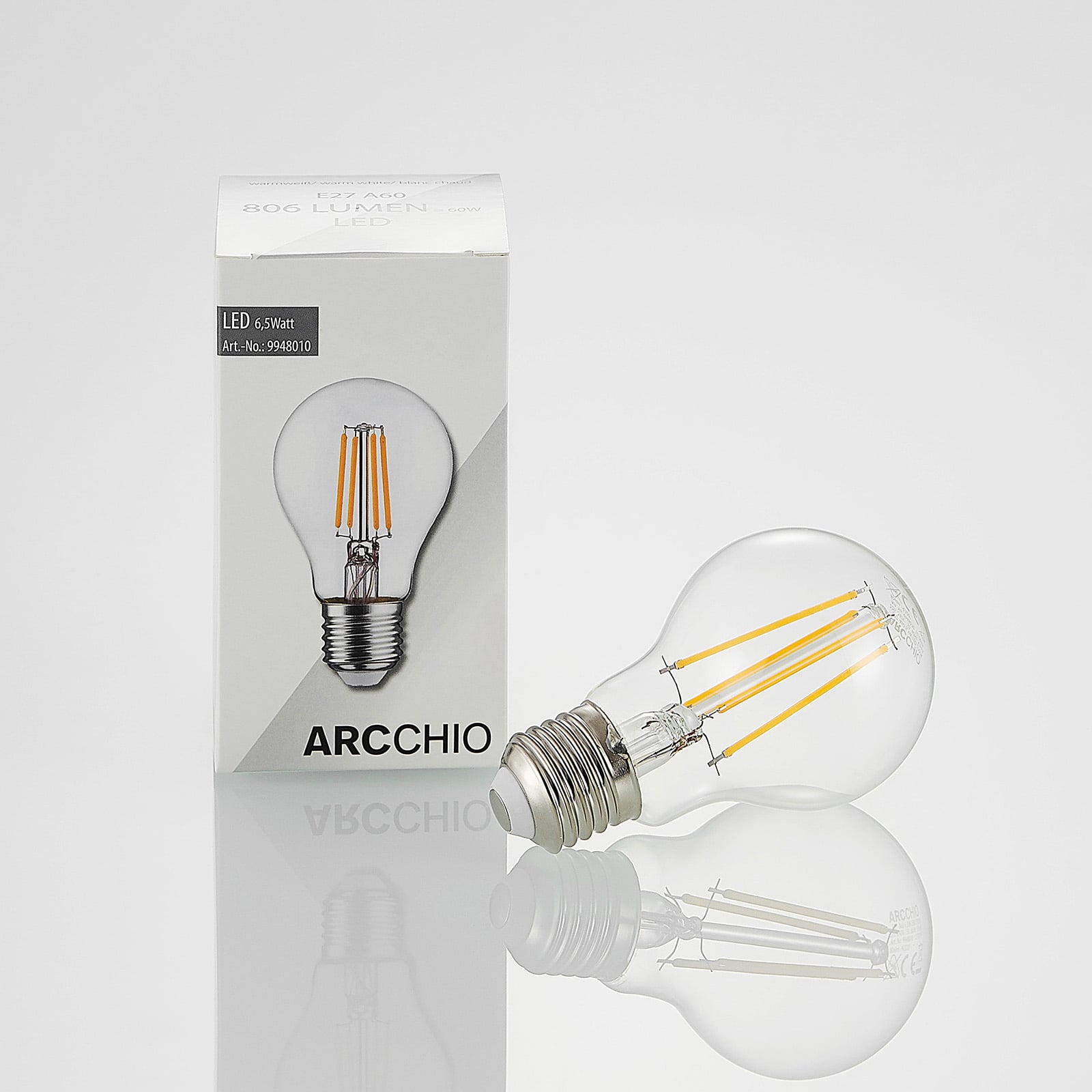 LED filamentpære E27 6,5W 2700K 3-stegs dimbar klar - Arcchio sideprofil
