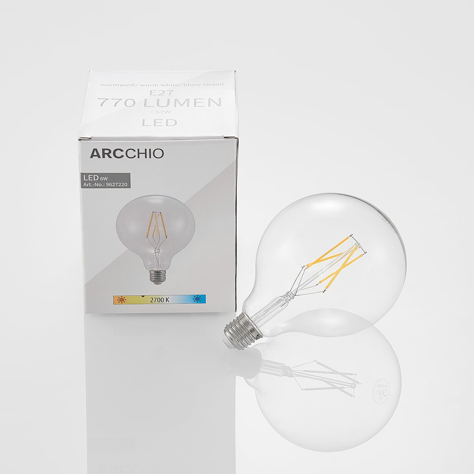 LED filamentpære E27 6W 2700K globe G125 dimbar klar - Arcchio montert i lampe